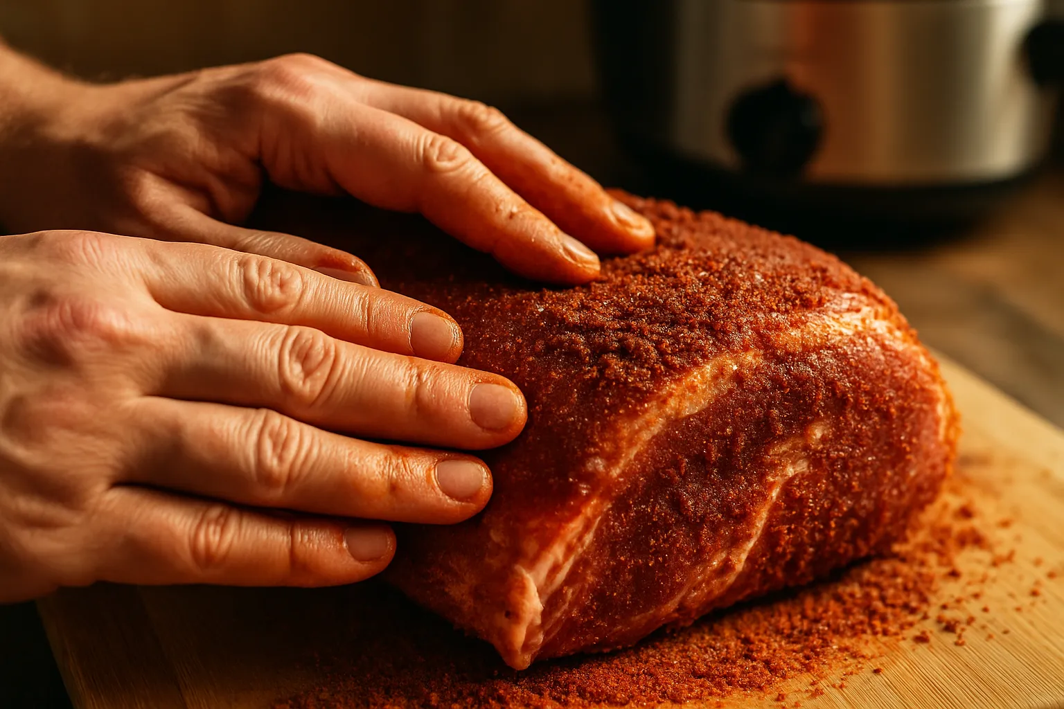 Hands rubbing spice mixture onto raw pork shoulder for slow cooker pulled pork