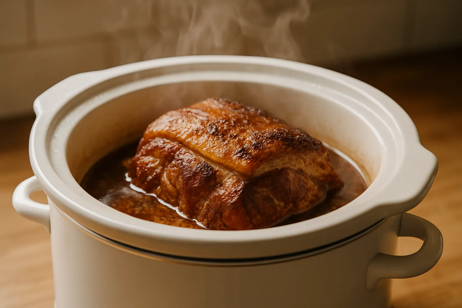 Pork shoulder cooking in slow cooker with steam rising and cooking liquid visible