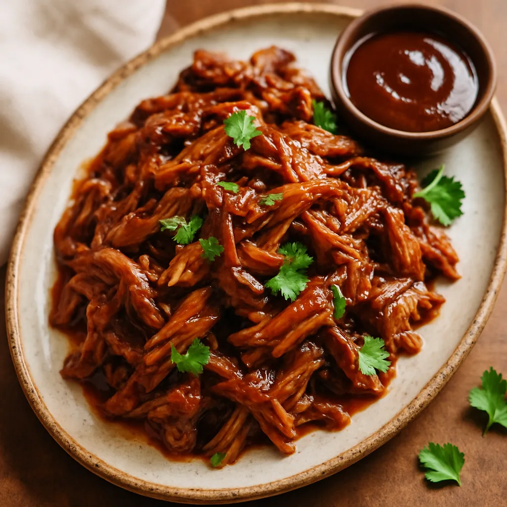 Finished slow cooker pulled pork on ceramic platter with BBQ sauce and fresh herbs