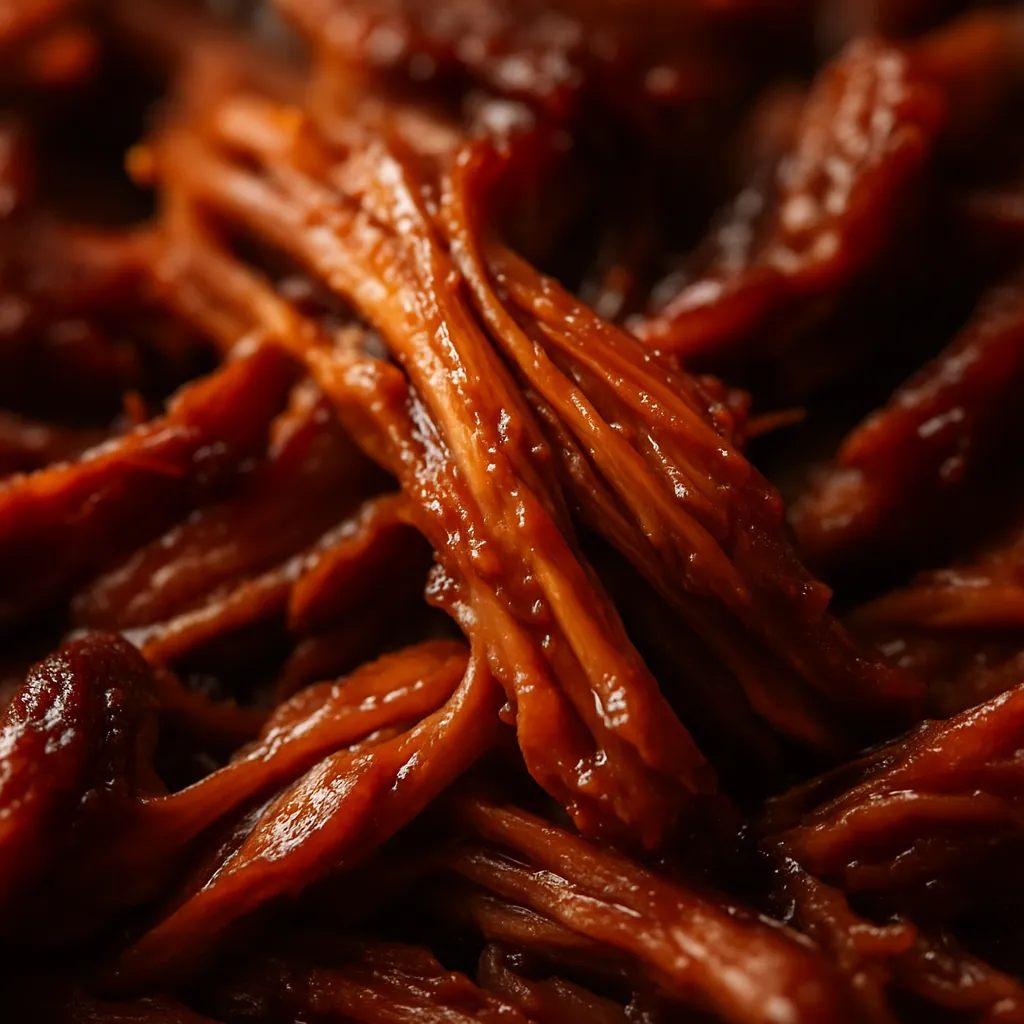Extreme close-up of tender pulled pork showing shredded texture and BBQ sauce coating