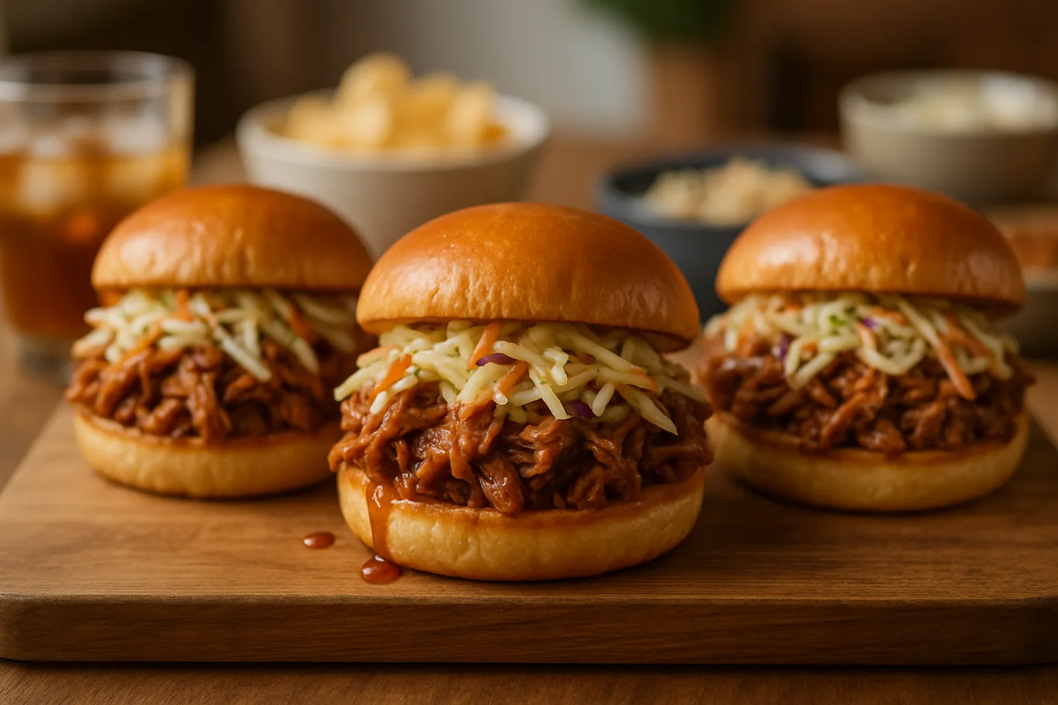 Slow cooker pulled pork sandwiches on brioche buns with coleslaw on wooden serving board